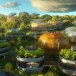 Create a futuristic solarpunk eco village with organic permaculture food forests, using 3D Oc...webp