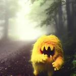 Yellow fluffy monster walking in a misty forest (1).webp