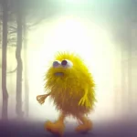 Yellow fluffy monster walking in a misty forest (2).webp