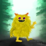 Yellow fluffy monster walking in a misty forest (3).webp