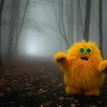 Yellow fluffy monster walking in a misty forest (4).webp