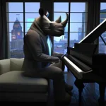 A humanoid rhinoceros wearing a blue silk tuxedo sits in a darkened apartment playing the pia...webp