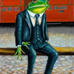 Detailed oil painting of a frog in a suit waiting on a bus (1).webp