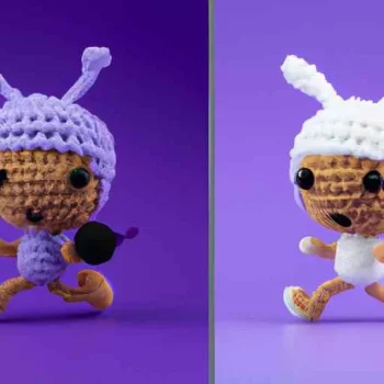 Create 2 images of a cute jogging amigurumi character on a purple background, showcasing its b...jpg