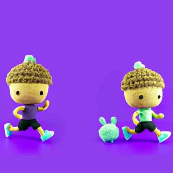 Create 2 images of a cute jogging amigurumi character on a purple background, showcasing its b...jpg