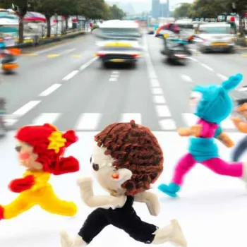 A cute jogging character running, amigurumi, beautiful craft project, down a busy street, stud...jpg