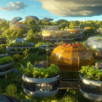 Create a futuristic solarpunk eco village with organic permaculture food forests, using 3D Oct...jpg