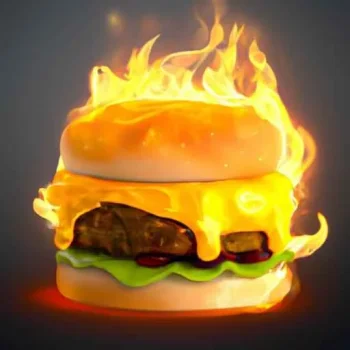 A flaming cheeseburger with oozing cheese that looks realistic. (1).jpg