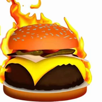 A flaming cheeseburger with oozing cheese that looks realistic. (2).jpg