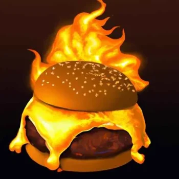 A flaming cheeseburger with oozing cheese that looks realistic. (3).jpg