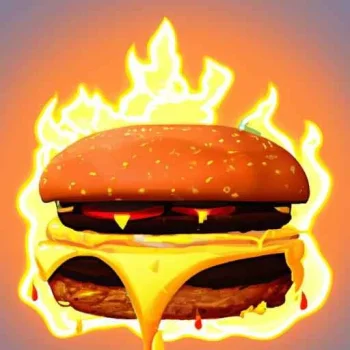 A flaming cheeseburger with oozing cheese that looks realistic. (4).jpg