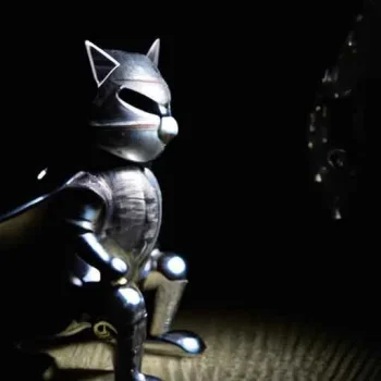 A kneeling cat knight with finely detailed armor and intricate design in silver silk, captured...jpg