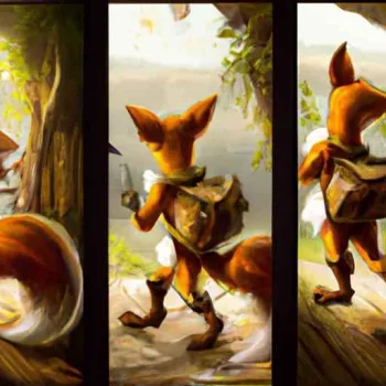 Create 3 images of a realistic anthropomorphic fox adventurer in a fantasy setting. The figure...jpg