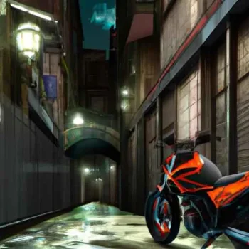A ktm motorcycle in a narrow cyberpunk street, photorealistic style, digital art. Please gener...jpg