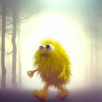 Yellow fluffy monster walking in a misty forest (2).jpg