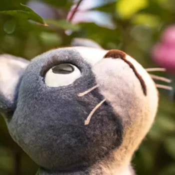 A vintage felt plushie cat in a garden looks with curiosity at something above, macro photogra...jpg