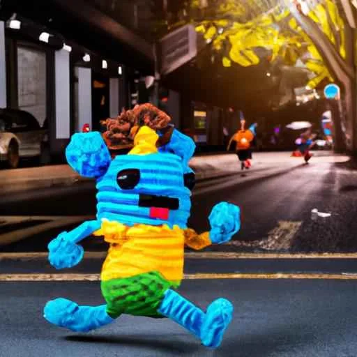 A cute jogging character running, amigurumi, beautiful craft project, down a busy street, stud...jpg