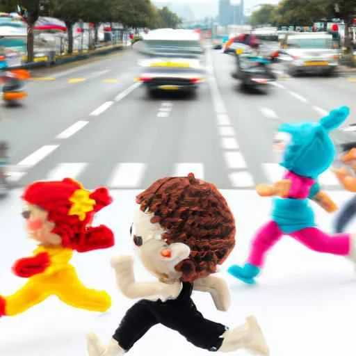 A cute jogging character running, amigurumi, beautiful craft project, down a busy street, stud...jpg