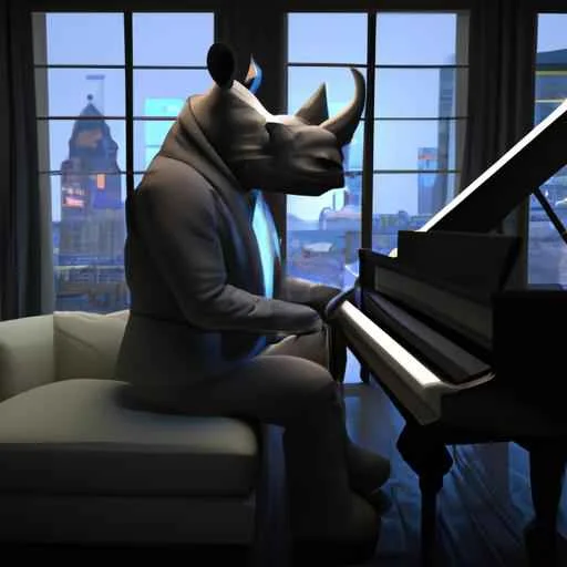 A humanoid rhinoceros wearing a blue silk tuxedo sits in a darkened apartment playing the pian...jpg