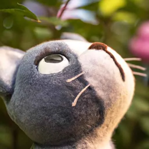 A vintage felt plushie cat in a garden looks with curiosity at something above, macro photogra...jpg