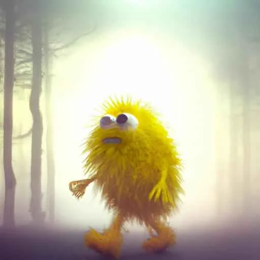 Yellow fluffy monster walking in a misty forest (2).jpg